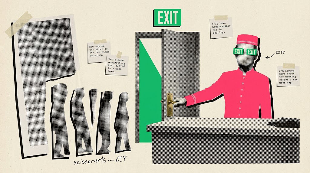 Collage of the doorman holding an exit door open beside a front desk