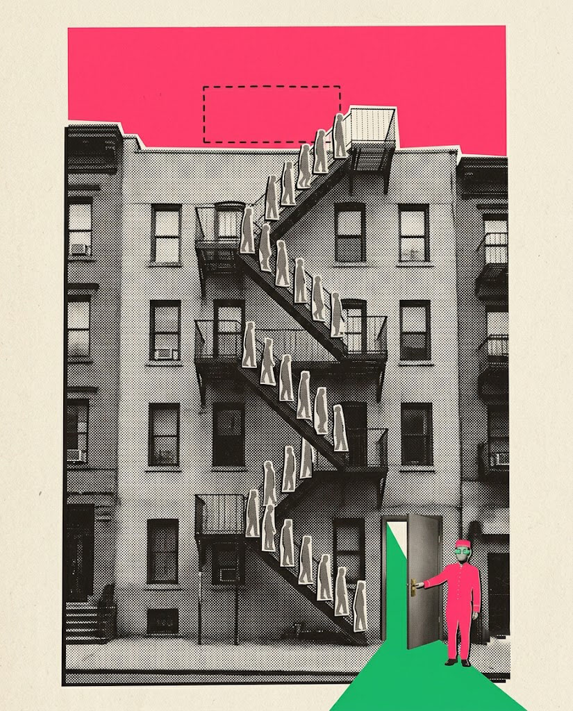 Silhouettes queueing down a fire escape toward an open door
