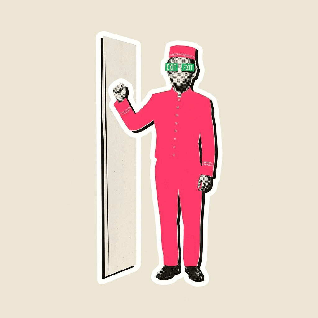 Animation of the doorman opening the exit door
