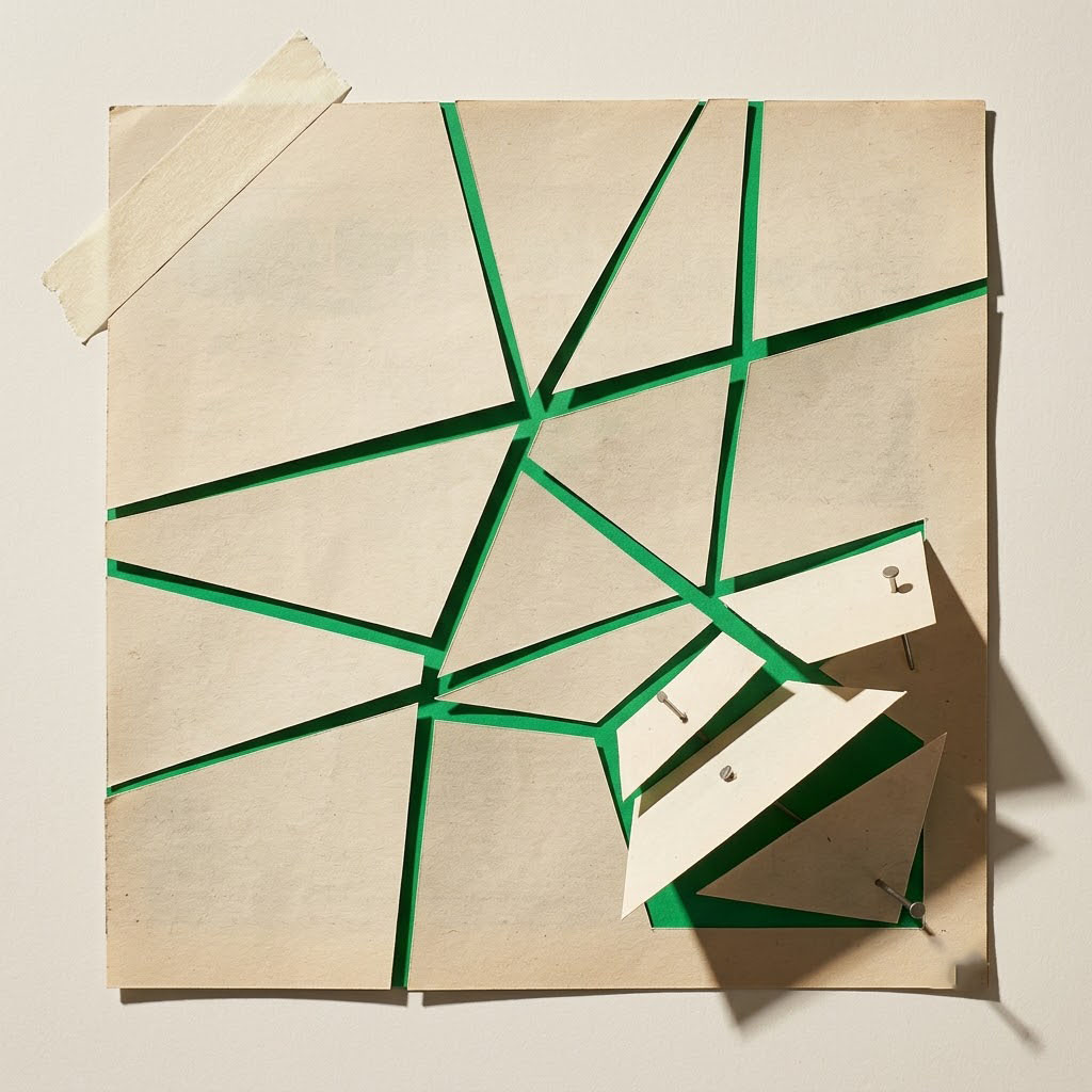 Paper cut into uneven slices by green lines